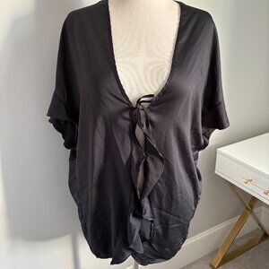 Victoria's Secret Satin Robe OS Black Satin Tie Front Flutter Sleeve